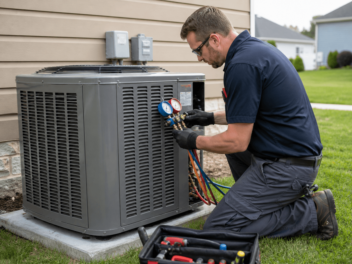 HVAC technician checking system pressures at a home